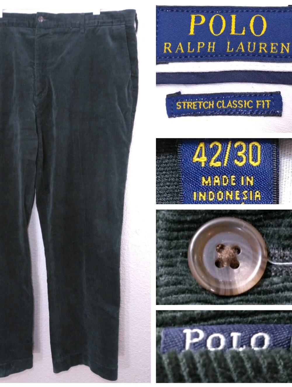 POLO RALPH LAUREN Size 42 x 30 Corduroy Pants PINE GREEN Stretch CLASSIC FIT RL